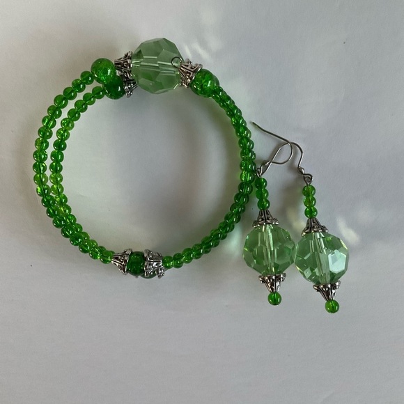 Hand Crafted Necklace Wrap Bracelet Drop Earrings Set Lime Green Double Strands - Picture 9 of 9